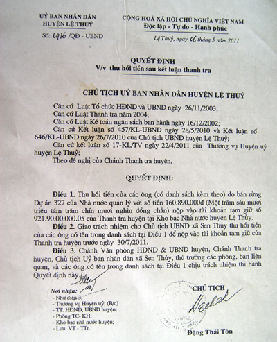 Quyết định số 1936/QĐ-UBND của Chủ tịch UBND huyện Lệ Thủy về thu hồi tiền sau kết luận thanh tra đã không được thực hiện nghiêm túc. Ảnh: Bùi Thành