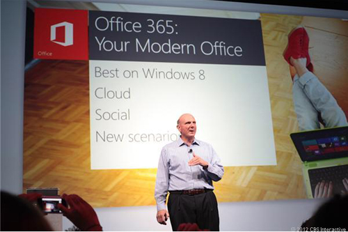 Tổng Giám đốc Steve Ballmer giới thiệu Office 2013. Ảnh: Cnet 