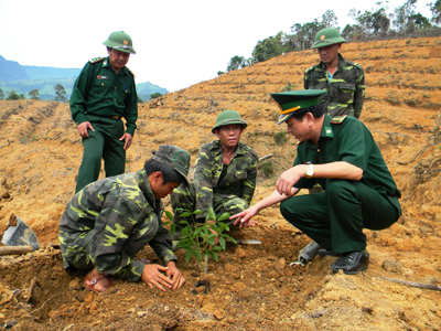 Cán bộ, chiến sỹ Đồn Biên phòng Ra Mai thực hiện mô hình trồng rừng cao su tại xã Trọng Hóa (Minh Hóa).