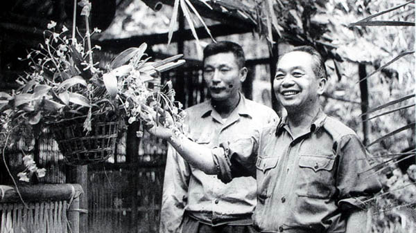 Tướng Giáp và tướng Đồng Sỹ Nguyên bên một giò phong lan của bộ đội Trường Sơn sau chiến dịch Đường 9. Ảnh Mạnh Thường