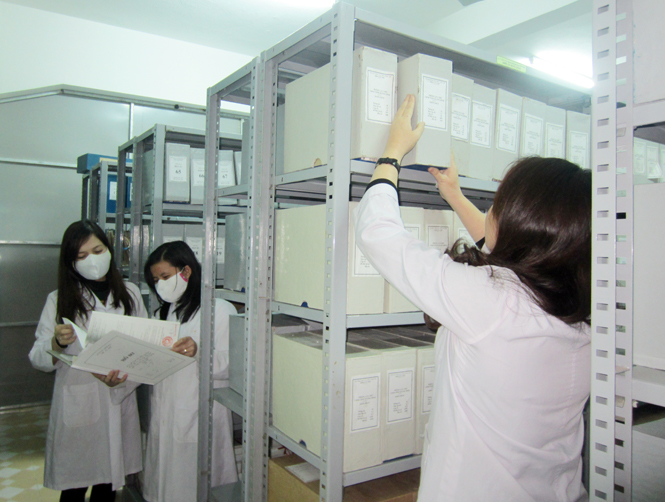 Lưu trữ viên đang tra cứu tài liệu phục vụ độc giả tại Kho lưu trữ lịch sử tỉnh Quảng Bình.