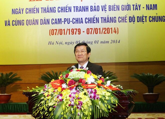 Chủ tịch nước Trương Tấn Sang phát biểu tại lễ míttinh. (Ảnh: Trọng Đức/TTXVN)