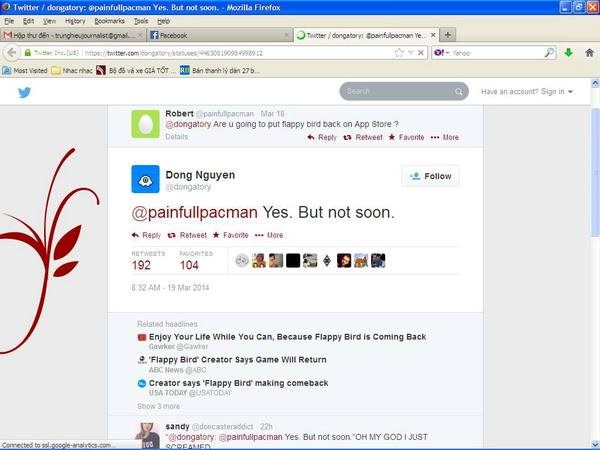 Nội dung tweet của Nguyễn Hà Đông trên mạng xã hội Twitter khi anh hứa hẹn sẽ hồi sinh Flappy Bird. (Ảnh: Trung Hiếu/Vietnam+)