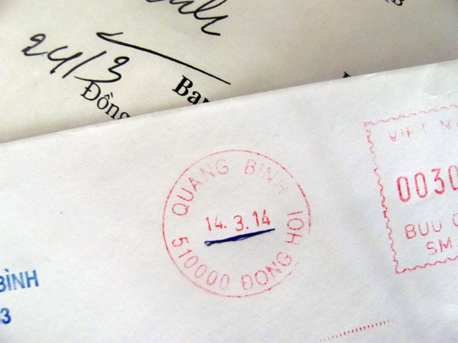 Ngày công văn đến Bưu điện Đồng Hới và ngày đến nơi nhận.