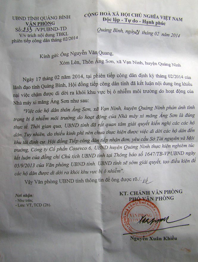 Văn bản số 233/VPUBND-TD của Văn phòng UBND tỉnh trả lời ông Nguyễn Văn Quang