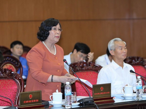 Bộ trưởng Bộ Lao động, Thương binh và Xã hội Phạm Thị Hải Chuyền phát biểu ý kiến. (Ảnh: Dương Giang/TTXVN)