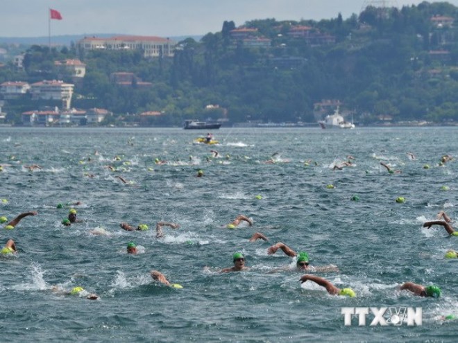 Các vận động viên tranh tài trong cuộc thi bơi xuyên lục địa qua eo biển Bosphorus lần thứ 26 tại Istanbul ngày 20-7. (Nguồn: THX/TTXVN)