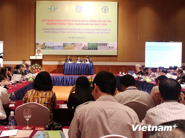 Hội nghị công bố kế hoạch hành động tái cơ cấu ngành trồng trọt, chăn nuôi và thủy sản. (Ảnh: Thanh Tâm/Vietnam+)