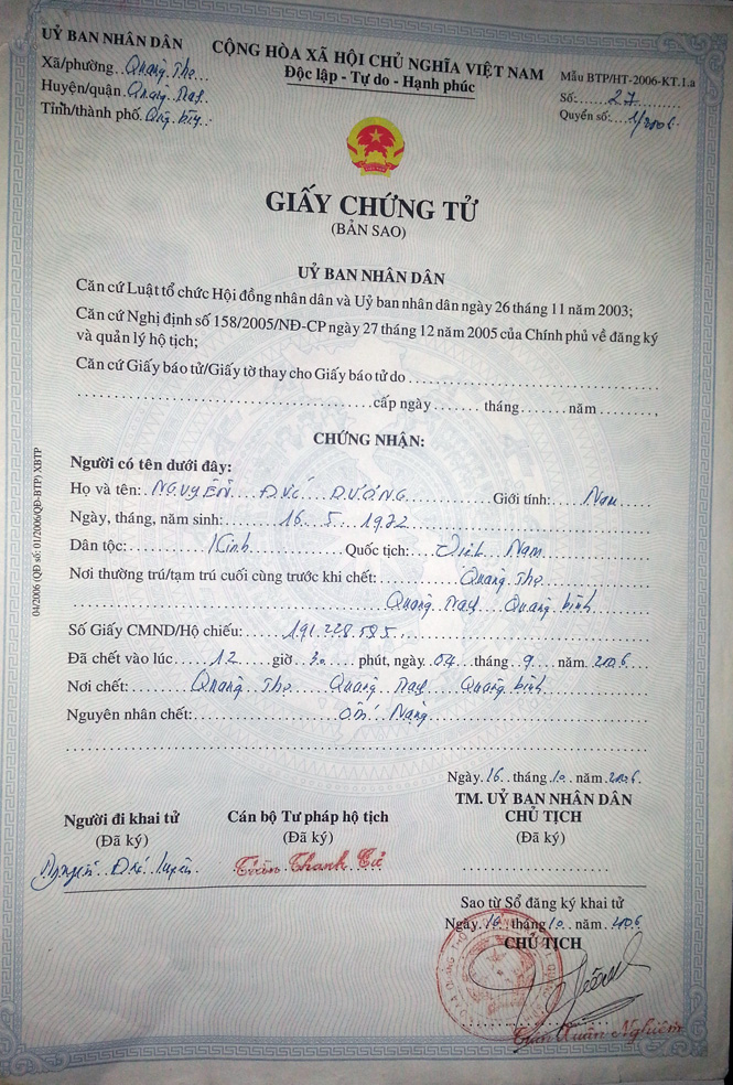 Mặc dù anh Nguyễn Đức Dương (SN 1972, trú tại xã Quảng Thọ-Quảng Trạch) đã qua đời do ốm nặng cách đây hơn 7 năm....