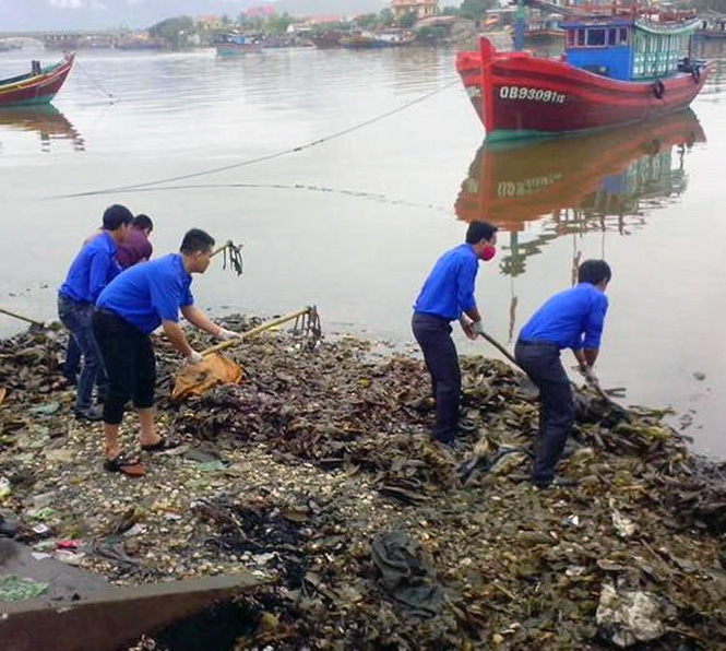 Các đoàn viên thanh niên dọn dẹp vệ sinh xung quanh khu vực chợ Cảnh Dương (Quảng Trạch).