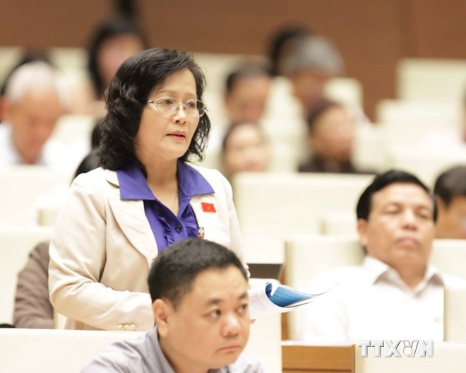 Bà Trần Thị Quốc Khánh, Đại biểu Quốc hội thành phố Hà Nội phát biểu ý kiến. (Ảnh: Phương Hoa/TTXVN)