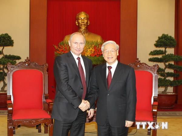 Tổng Bí thư Nguyễn Phú Trọng tiếp Tổng thống Liên bang Nga Vladimir Putin thăm cấp Nhà nước tới Việt Nam. (Ảnh: Trí Dũng/TTXVN)