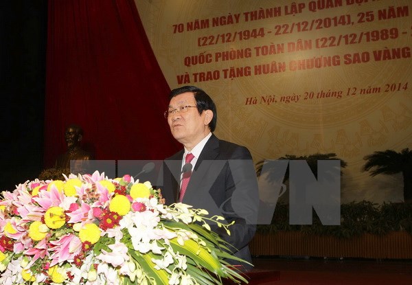Chủ tịch nước Trương Tấn Sang đọc Diễn văn tại Lễ kỷ niệm. (Ảnh: Trí Dũng/TTXVN)