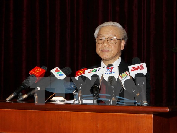 Tổng Bí thư Nguyễn Phú Trọng phát biểu bế mạc Hội nghị. (Ảnh: Trí Dũng/TXVN)