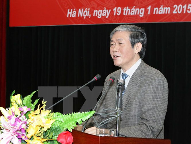  Trưởng ban Tuyên giáo Trung ương Đinh Thế Huynh phát biểu tại hội nghị. (Ảnh: Minh Quyết/TTXVN)