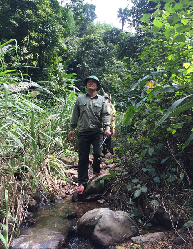 Anh Trần Văn Lon đang làm nhiệm vụ tuần tra bảo vệ rừng tại Lâm trường Khe Giữa.