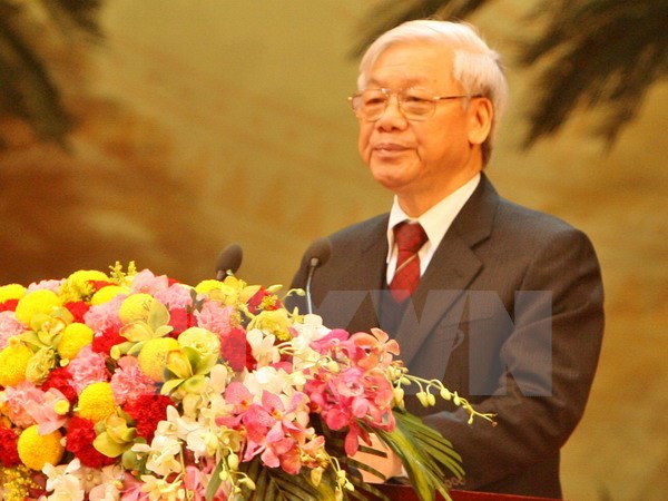 Tổng Bí thư Nguyễn Phú Trọng đọc diễn văn tại buổi lễ. (Ảnh: Thống Nhất/TTXVN)