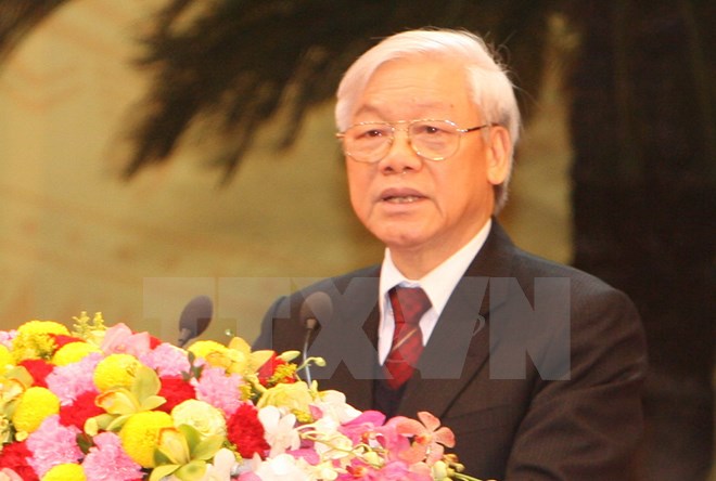 Tổng Bí thư Nguyễn Phú Trọng đọc diễn văn tại buổi lễ. (Ảnh: Thống Nhất/TTXVN)