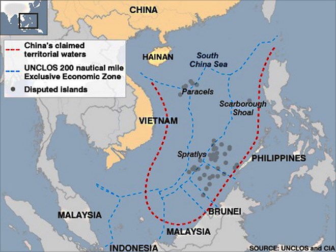 Đường chín đoạn (đường lưỡi bò) phân định biên giới trên Biển Đông (màu đỏ) mà Trung Quốc vô lý áp đặt. (Nguồn: UNCLOS/CIA)