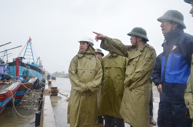 Các đồng chí lãnh đạo tỉnh kiểm tra tình hình neo đậu tàu thuyền mùa mưa bão.