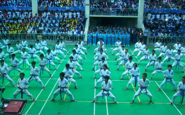 Màn đồng diễn võ thuật của học sinh huyện Lệ Thủy tại lễ khai mạc. 