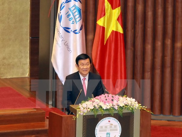 Chủ tịch nước Trương Tấn Sang đến dự và phát biểu chào mừng IPU-132. Ảnh: TTXVN