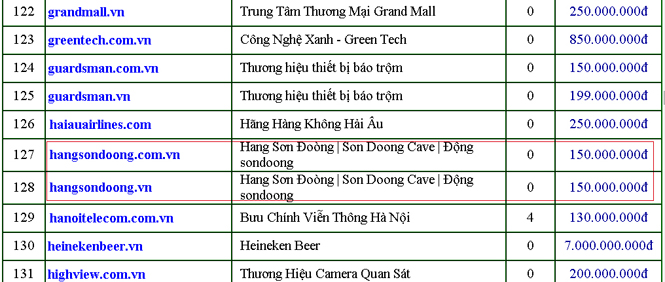 Hai tên miền hangsondoong.com.vn và hangsondoong.vn đang được rao bán trên trang giahao.com  với giá 150 triệu đồng/tên miền