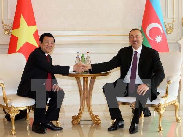 Tổng thống Cộng hòa Azerbaijan Ilham Aliyev hội kiến với Chủ tịch nước Trương Tấn Sang. (Ảnh: Nguyễn Khang/TTXVN)