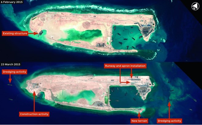 Hình ảnh vệ tinh cho thấy Trung Quốc đẩy mạnh xây dựng trái phép tại Đá Chữ Thập (Nguồn: BI)
