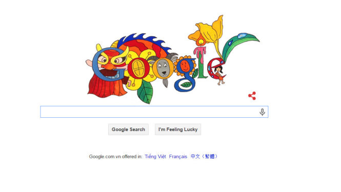 Trang chủ Google.com.vn ngày 1-6-2015 thể hiện theo tác phẩm Đón xuân Ất Mùi của em Lê Hiếu, thắng giải Doodle 4 Google Việt Nam - Ảnh chụp giao diện màn hình