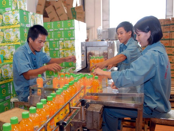 Dây chuyền đóng gói sản phẩm nước ép hoa quả của Công ty Cổ phần Công nghệ Thực phẩm Việt Mỹ. (Ảnh: Danh Lam/TTXVN)