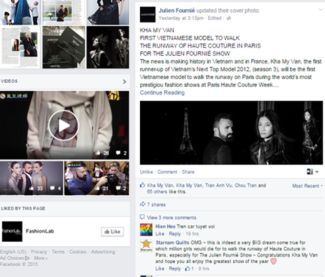 Trên trang fanpage chính thức của NTK Julien Fournie cũng đã đăng tải thông tin này cùng với hình ảnh mà ông đã chụp cùng Kha Mỹ Vân...