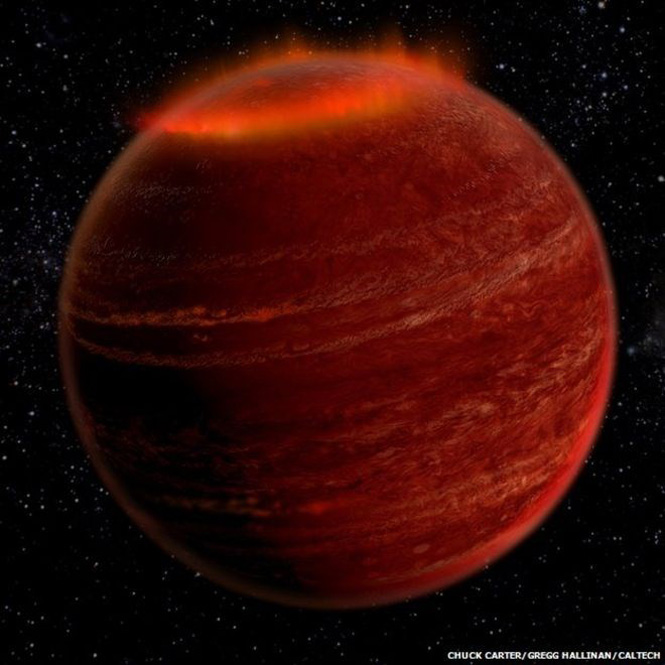 Cực quang trên một sao lùn nâu thuộc chòm sao Thiên Cầm có vị trí cách Trái Đất 18,5 năm ánh sáng. (Nguồn: Caltech)