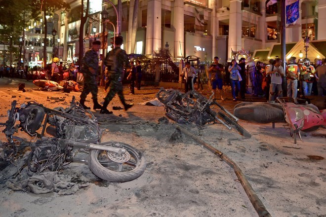 Hiện trường vụ nổ bom tại thủ đô Bangkok ngày 17-8 vừa qua (Nguồn: AFP/TTXVN)