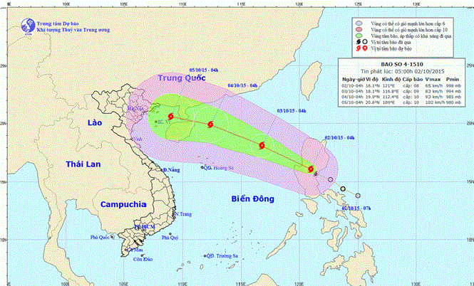  Dự báo đường đi và vị trí của cơn bão Mujigae. (Nguồn: nchmf.gov.vn)