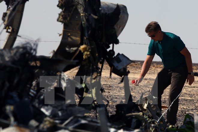 Bộ trưởng Giao thông Nga Maxim Sokolov điều tra tại hiện trường máy bay rơi ở Hassana, thành phố Arish (bắc Ai Cập) ngày 1-11. (Nguồn: THX/TTXVN)