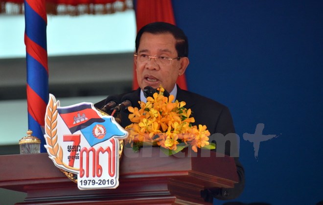 Thủ tướng Campuchia Hunsen phát biểu tại buổi lễ. (Ảnh: Trần Chí Hùng/Vietnam+)