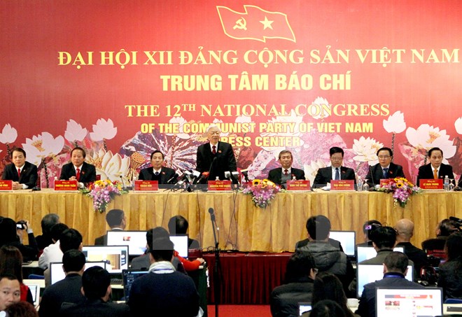 Tổng Bí thư Nguyễn Phú Trọng chủ trì buổi họp báo sau khi bế mạc Đại hội. (Nguồn: TTXVN)