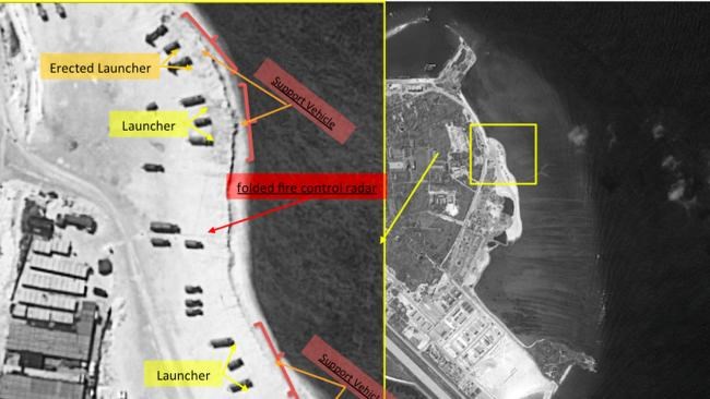 Hình ảnh chụp từ vệ tinh hôm 14/2 cho thấy các hệ thống tên lửa đất đối không được Trung Quốc triển khai trái phép trên bãi biển đảo Phú Lâm thuộc quần đảo Hoàng Sa (Việt Nam). (Nguồn: ImageSat International)