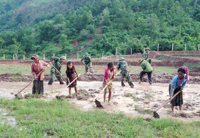Cán bộ, chiến sỹ BĐBP tỉnh giúp đồng bào dân tộc thiểu số bản Tân Ly, xã Lâm Thủy (Lệ Thủy) mở rộng sản xuất lúa nước.