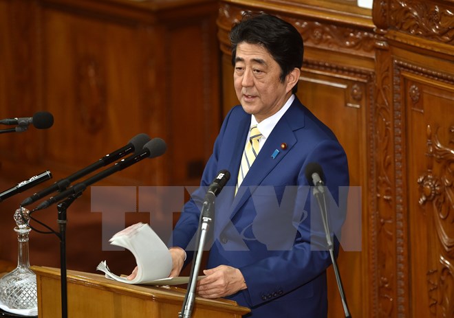 Thủ tướng Nhật Bản Shinzo Abe phát biểu trong một cuộc họp ở thủ đô Tokyo. (Nguồn: AFP/TTXVN)
