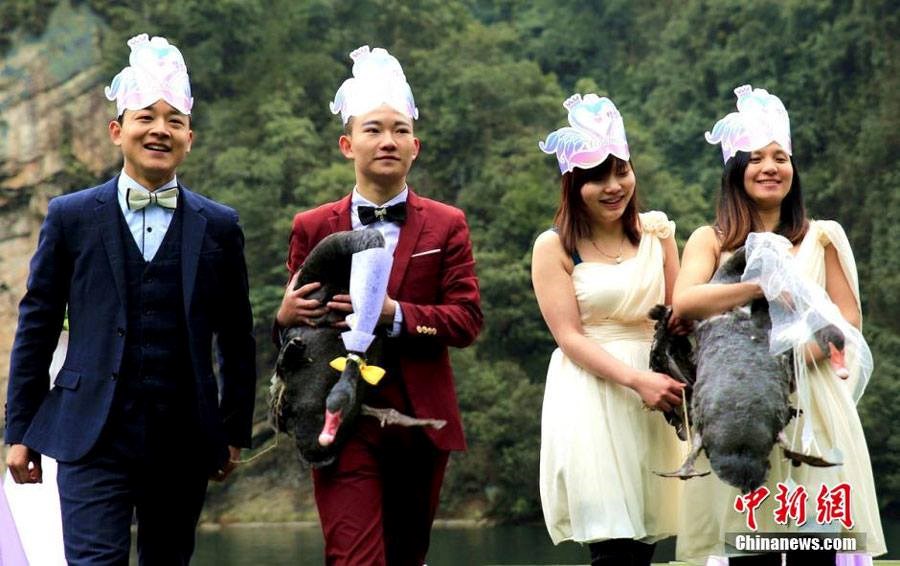 Lễ cưới được tổ chức ở Hồ Bảo Phong, Trương Gia Giới, cặp đôi 'tân lang tân nương' được mặc giống như cô dâu chú rể dưới sự chứng kiến của nhiều quan khách. Buổi lễ được Giám đốc Hội văn học Trương Gia Giới chủ trì. (Nguồn: CCTVNews)