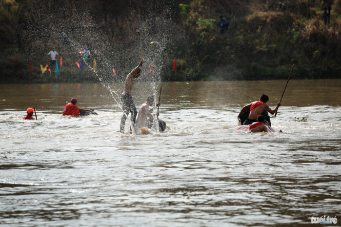  Những quản tượng thúc voi bơi qua sông Sêrêpôk - Ảnh: Tiến Thành