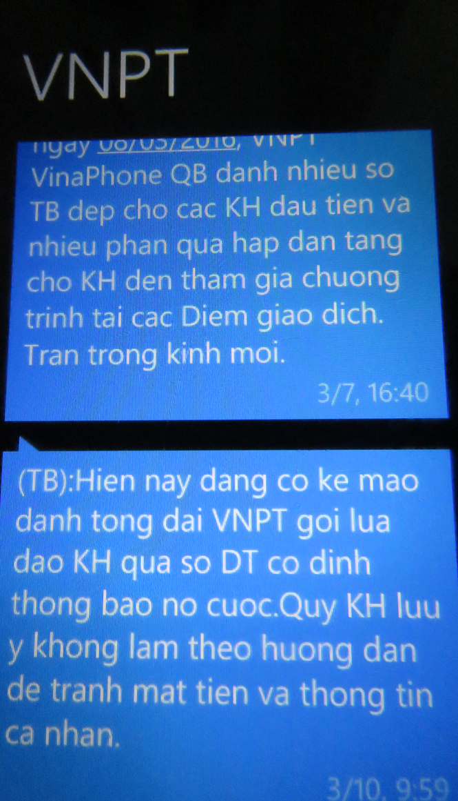 Tin nhắn cảnh báo của tổng đài VNPT cho khách hàng.