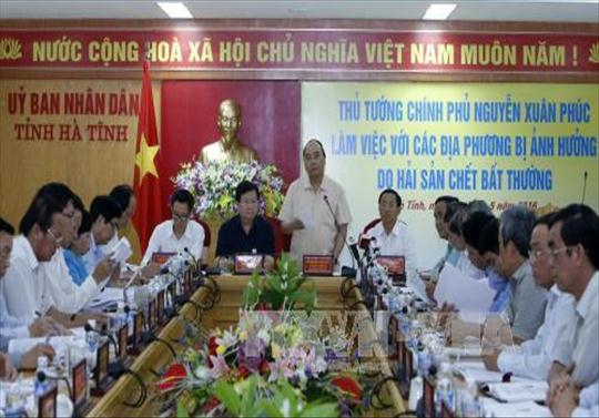 Thủ tướng Chính phủ Nguyễn Xuân Phúc chủ trì cuộc làm việc với đại diện lãnh đạo 4 tỉnh khu vực miền Trung bị ảnh hưởng bởi hiện tượng cá chết bất thường.