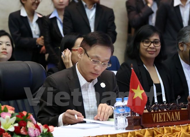 Trưởng SOM Việt Nam Thứ trưởng Ngoại giao Lê Hoài Trung tại Hội nghị. (Ảnh: Phạm Kiên/Vietnam+)