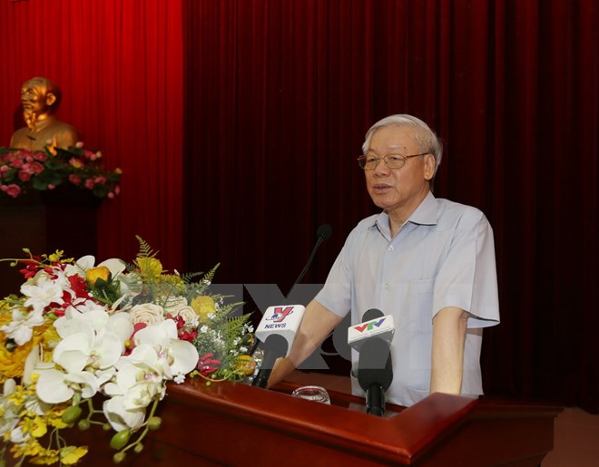Tổng Bí thư Nguyễn Phú Trọng phát biểu kết luận Hội nghị. (Ảnh: Trí Dũng/TTXVN)