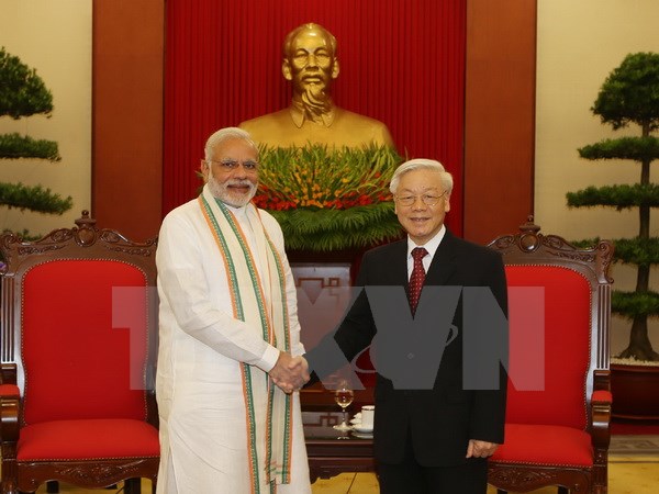 Tổng Bí thư Nguyễn Phú Trọng tiếp Thủ tướng Cộng hòa Ấn Độ Narendra Modi. (Ảnh: Trí Dũng/TTXVN)