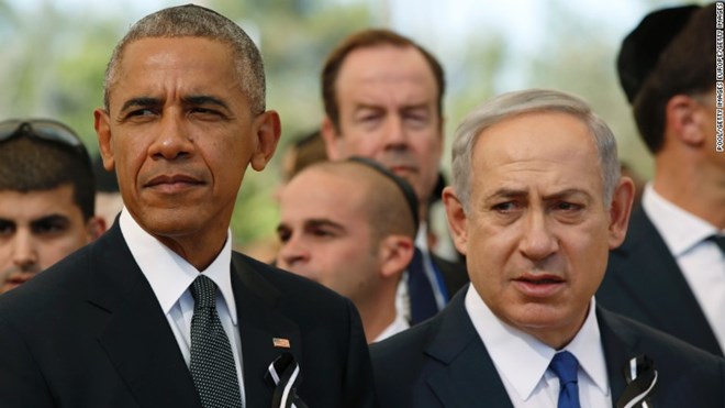 Tổng thống Mỹ Barack Obama và Thủ tướng Israel Benjamin Netanyahu dự lễ tang cựu Tổng thống Israel Shimon Peres. (Nguồn: CNN)