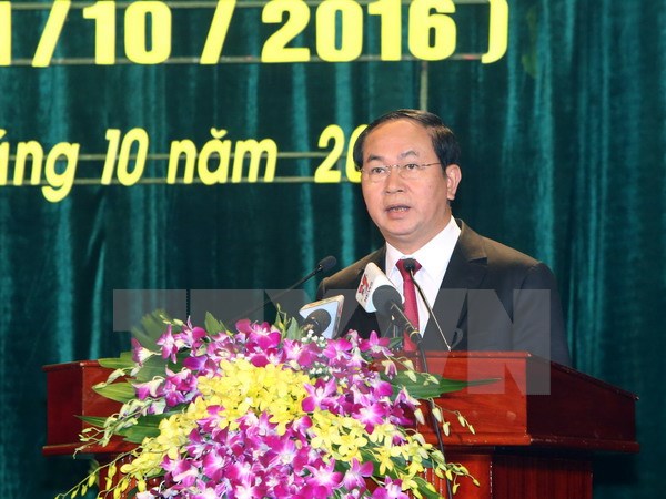 Chủ tịch nước Trần Đại Quang đọc diễn văn tại buổi lễ. (Ảnh: Nhan Sáng/TTXVN)